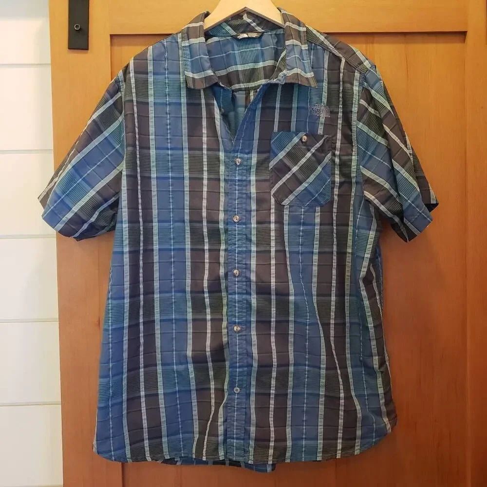 The North Face Blue Green Plaid Check Button Down Shirt Short Sleeve XXL